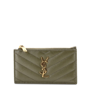 Saint Laurent Monogram Fragments Zip Card Holder Matelasse Chevron Leather