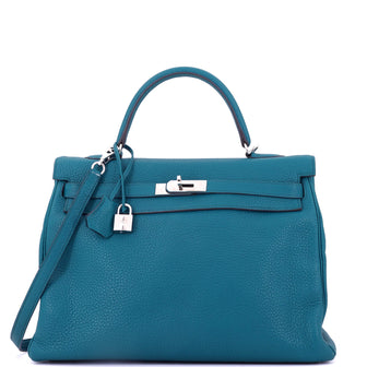 Hermes Kelly Handbag Blue Clemence with Palladium Hardware 35