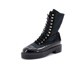 Chanel Women's CC Cap Toe Lace Up Boots Nylon with Suede and Patent