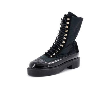 Chanel Women's CC Cap Toe Lace Up Boots Nylon with Suede and Patent