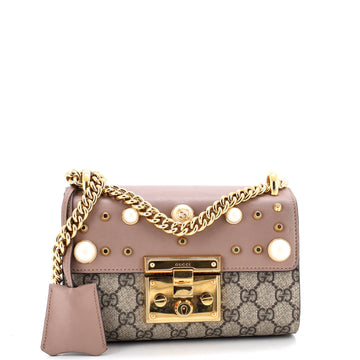 Gucci Pearly Padlock Shoulder Bag GG Coated Canvas with Studded Leather Small