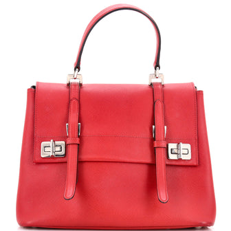 Prada Half Flap Double Turn Lock Satchel Saffiano Leather Medium