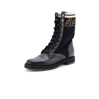 Fendi Women's Rockoko Combat Boots Leather with Knit Stretch Fabric and Zucca Trim