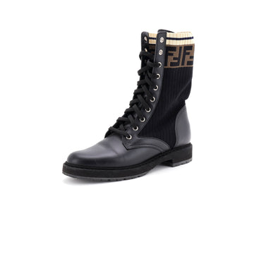 Fendi Women's Rockoko Combat Boots Leather with Knit Stretch Fabric and Zucca Trim