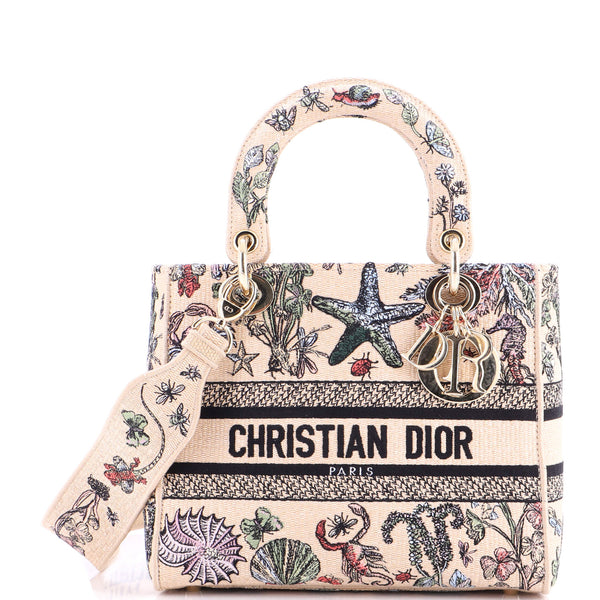 Christian Dior Lady D-Lite Bag Embroidered Raffia Medium Neutral