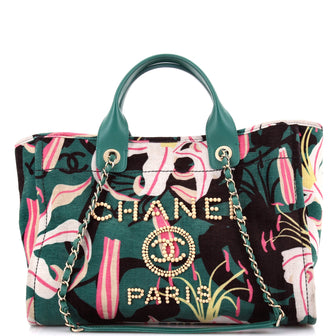 Chanel Deauville NM Tote Printed Velvet with Wooden Pearls Small