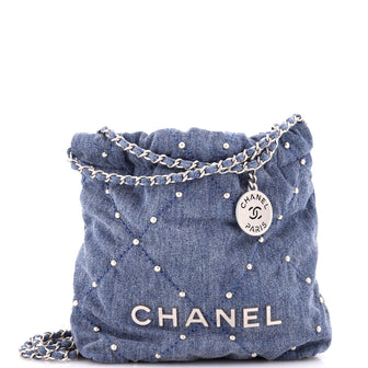 Chanel 22 Chain Hobo Quilted Studded Denim Mini