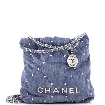Chanel 22 Chain Hobo Quilted Studded Denim Mini