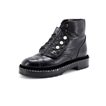 Chanel Women's Cap Toe CC Chain Around Pearl Combat Boots Leather
