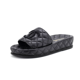 Chanel Women's CC Platform Slide Sandals Quilted Leather