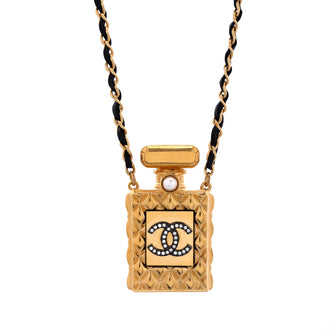 Chanel CC Perfume Bottle Pendant Chain Long Necklace Metal with Leather, Crystals and Faux Pearl