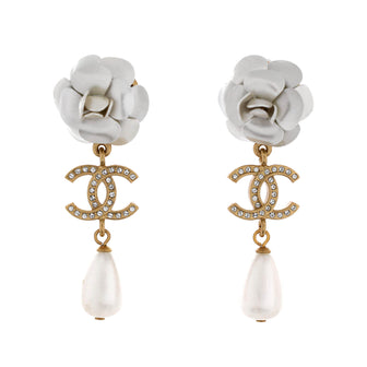 Chanel Camellia CC Teardrop Dangle Earrings Metal with Crystals and Faux Pearl and Resin