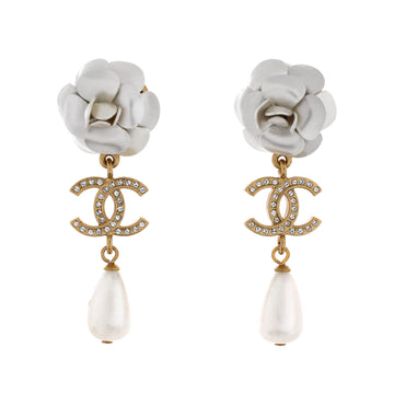 Chanel Camellia CC Teardrop Dangle Earrings Metal with Crystals and Faux Pearl and Resin