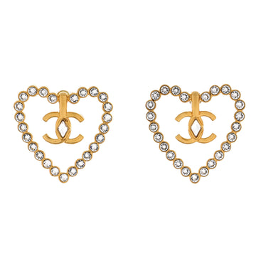 Chanel CC Heart Cut Out Stud Earrings Metal with Crystals Large