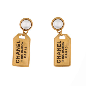 Chanel Logo Tags Drop Earrings Metal with Faux Pearls