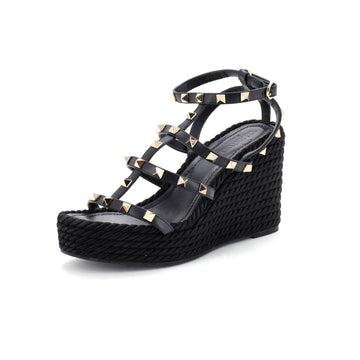 Valentino Garavani Women's Rockstud Caged Wedge Sandals Leather with Rope Detail