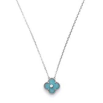 Van Cleef & Arpels Vintage Alhambra Pendant Necklace 18K White Gold and Green Celadon Sevres Porcelain with Diamond