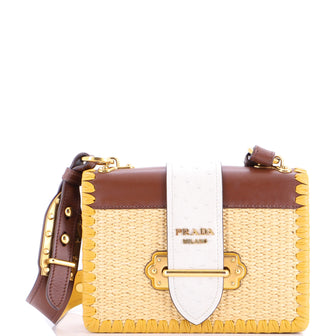 Prada Cahier Crossbody Bag Straw and Leather with Ostrich Small