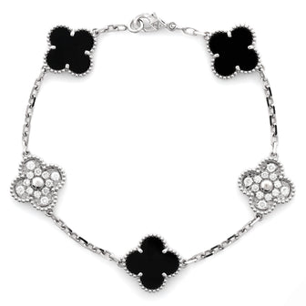 Van Cleef & Arpels Vintage Alhambra 5 Motifs Bracelet 18K White Gold and Onyx with Diamonds