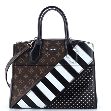 Louis Vuitton City Steamer Handbag Studded Leather and Monogram Canvas MM