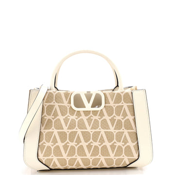 Valentino Garavani VLogo Shopper Tote Toile Iconograph Fabric with Leather Small