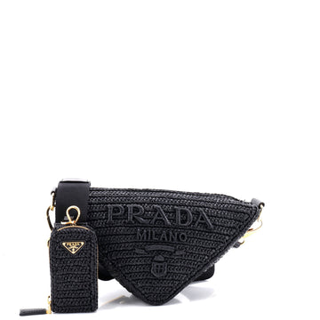Prada Triangle Logo Zip Crossbody Bag Crochet Raffia Small