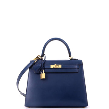 Hermes Kelly Handbag Blue Box Calf with Gold Hardware 25