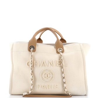 Chanel Deauville Tote Pearl Embellished Canvas Medium