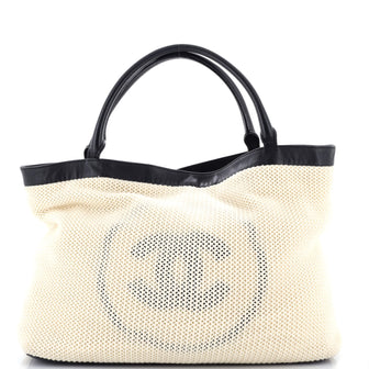 Chanel CC Beach Tote Woven Cotton with Leather Large