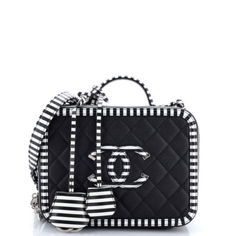 Chanel Filigree Vanity Case Quilted Caviar with Striped Leather Large