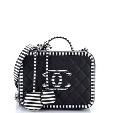 Chanel Filigree Vanity Case Quilted Caviar with Striped Leather Large