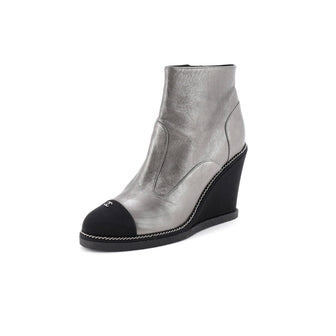 Chanel Women's CC Cap Toe Chain Wedge Ankle Boots Leather with Grosgrain