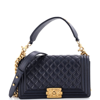 Chanel Logo Top Handle Boy Flap Bag Quilted Calfskin Old Medium