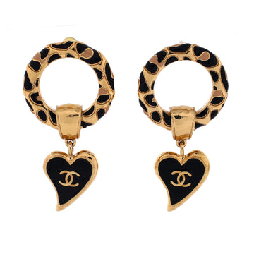 Chanel CC Heart Drop Circle Earrings Metal and Enamel with Crystals
