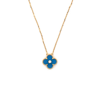 Van Cleef & Arpels Vintage Alhambra Pendant Necklace 18K Yellow Gold and Blue Sevres Porcelain with Diamond
