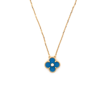 Van Cleef & Arpels Vintage Alhambra Pendant Necklace 18K Yellow Gold and Blue Sevres Porcelain with Diamond