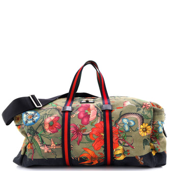 Gucci Animalier Web Duffle Bag Flora Snake Canvas Medium