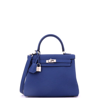 Hermes Kelly Handbag Blue Togo with Palladium Hardware 25
