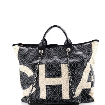 Chanel Logo Camellia Shopping Tote Printed Coated Canvas Large