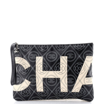 Chanel Camellia Logo Wristlet Clutch Printed Coated Canvas Medium