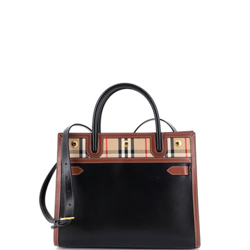 Burberry Title Two Handle Tote Leather with Vintage Check Canvas Small