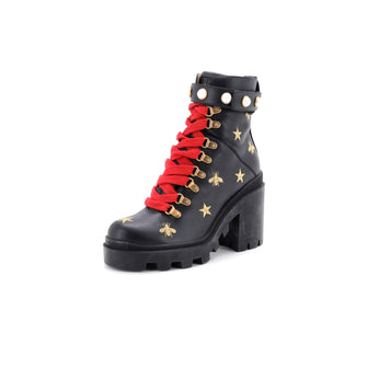 Gucci Women's Heeled Lace Up Combat Ankle Boots Embroidered Leather
