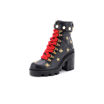 Gucci Women's Heeled Lace Up Combat Ankle Boots Embroidered Leather