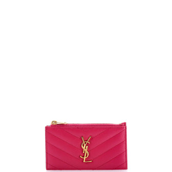 Saint Laurent Monogram Fragments Zip Card Holder Matelasse Chevron Leather