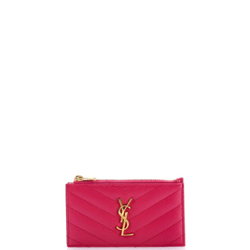 Saint Laurent Monogram Fragments Zip Card Holder Matelasse Chevron Leather