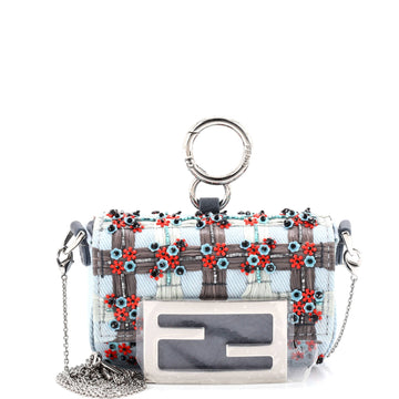 Fendi Chain Baguette Charm Bag Embellished Denim Nano