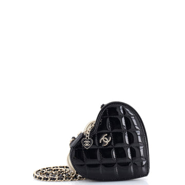Chanel Double Heart Clutch with Chain Quilted Patent
