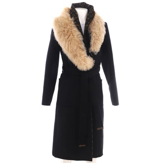 Louis Vuitton Women's Two Pocket Belted Coat Monogram Wool Blend and Faux Fur