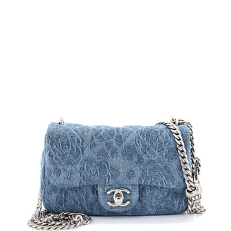 Chanel Sweet Heart Chain Square Flap Bag Quilted Camellia Denim Mini