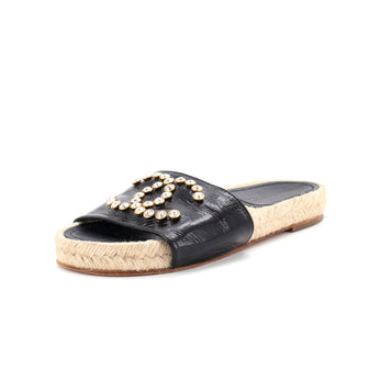 Chanel Women's CC Espadrille Slide Sandals Embellished Leather